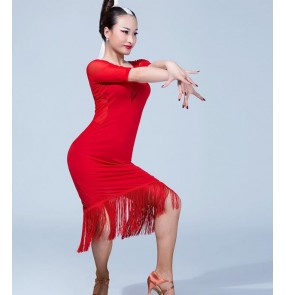 Black red short sleeves V  neck women's ladies female fringes performance competition professional latin dance dresses